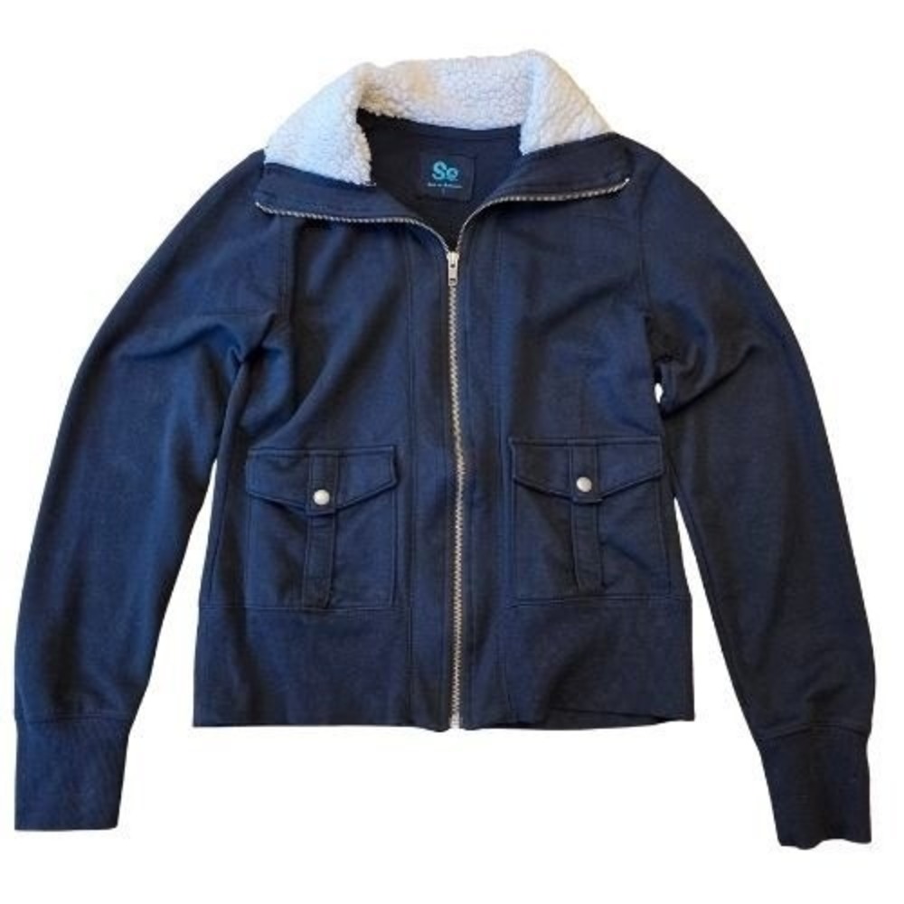 SO Juniors L Jacket Fleece Sherpa Collar Full Zip Black Retro Biker Bomber Cargo